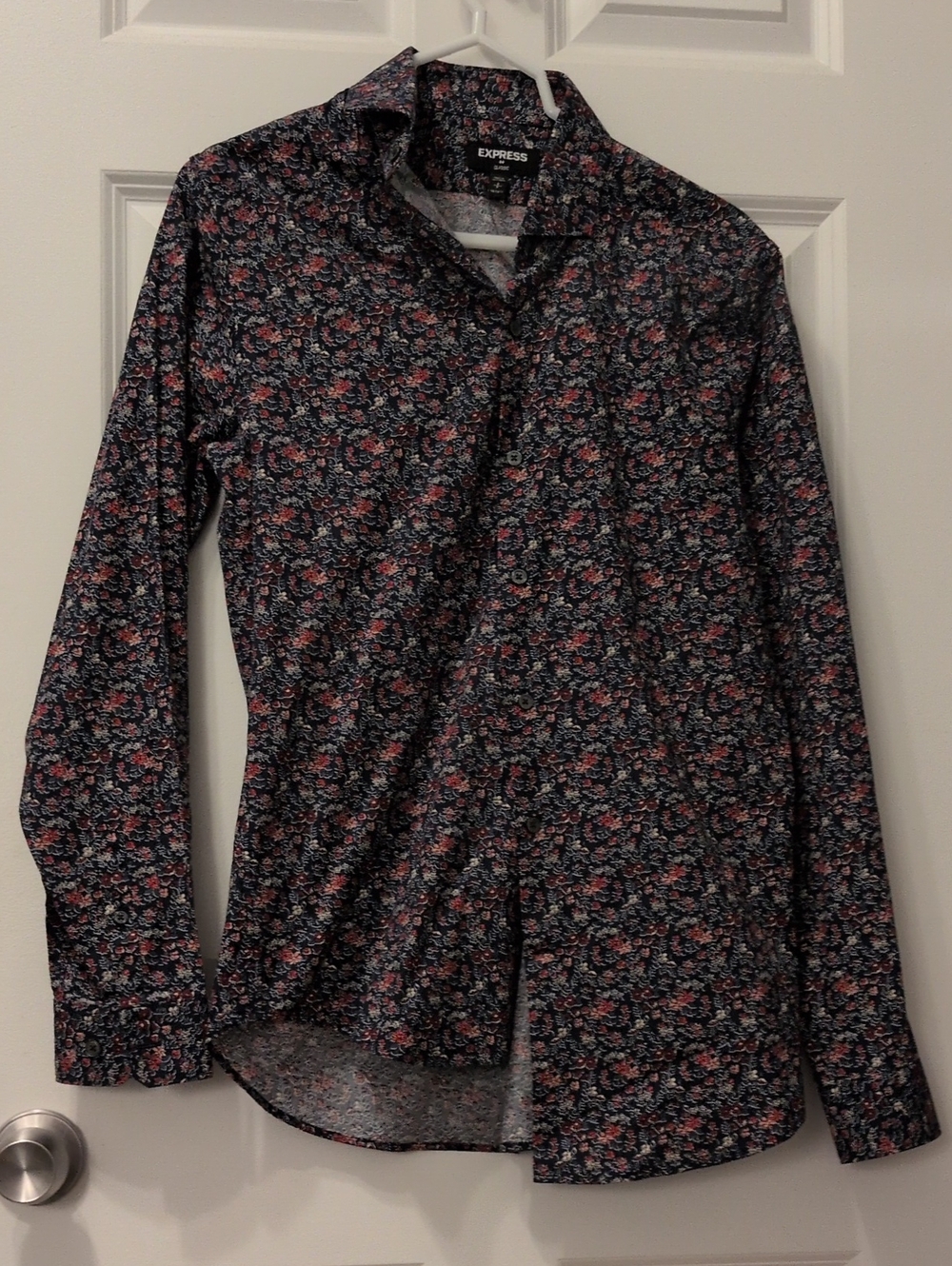 Express Navy Button-Down Shirt with Pink Floral Print
